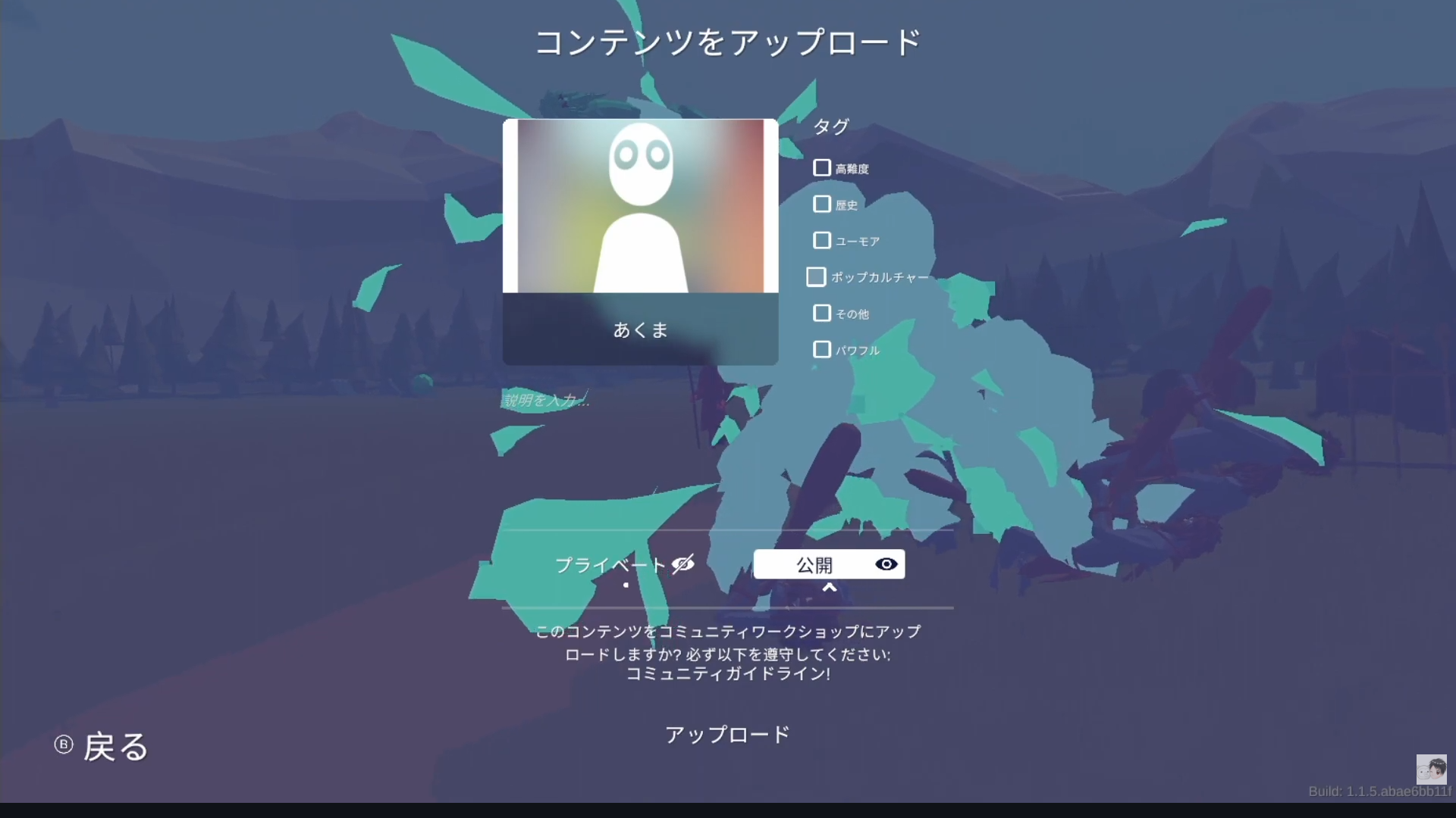 コンテンツの名前、説明欄、タグ、プライベートと公開の選択が並ぶ投稿設定画面